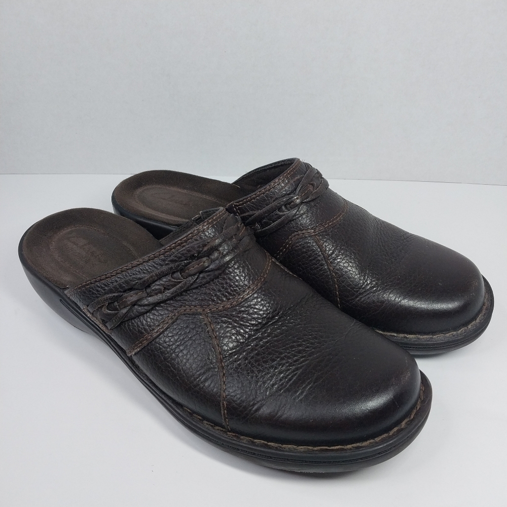 Clarks Bendables Size 9 M Brown Leather Pebbled Wedge Boho Slip on Clog Shoes
